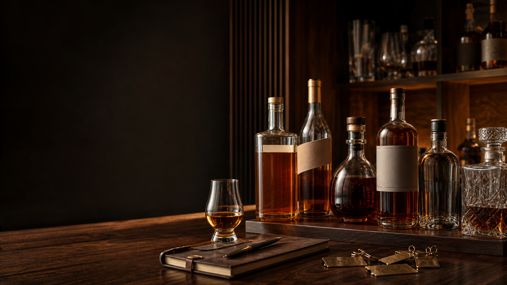 Bourbon and spirits bottles arranged on a warm home bar